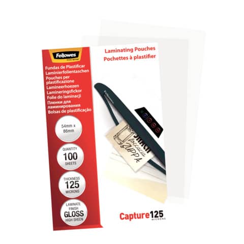 Pouches per plastificatrici Fellowes Standard Capture125 finitura lucida - 2x125 µm 54x86 mm Conf. 100 pz - 5306302